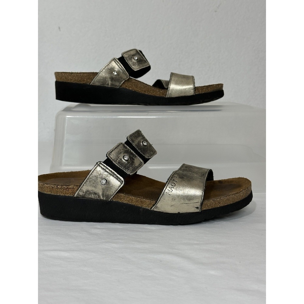 NAOT Ashley Wedge Sandals Slides Size 7 Metallic Gold Double Strap Rhinestone